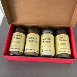 New Sealed in Original gift box Penzeys 4 Jar Bakers Gift Pack Large Jars.